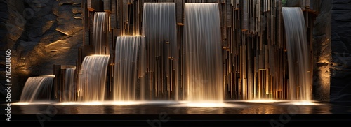 The outdoor ambiance is elevated by a modern water feature, harmoniously blending a fountain and waterfall.