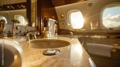 Step into this lavish bathroom on board a private jet and be transported to new heights, both literally and figuratively, with the beautiful sky as your backdrop. photo