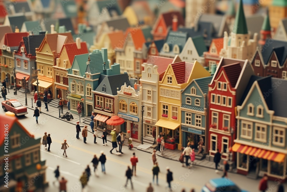 Bustling town transformed: Colorful tilt-shift photography captures a vibrant miniature cityscape in dynamic detail.