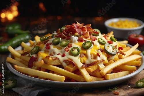 A colorful plate of hand-cut french fries, cooked to perfection and topped with a medley of savory toppings such as melted cheese, crispy bacon, and tangy pickled jalapenos.