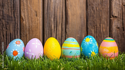 Easter painted eggs on grass wooden fence background