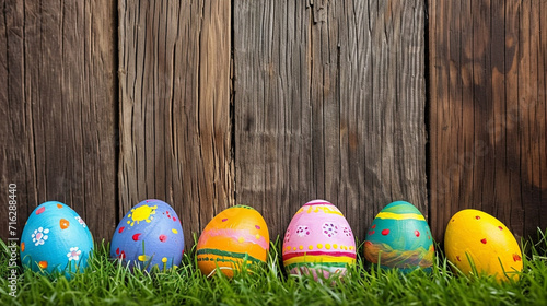 Easter painted eggs on grass wooden fence background