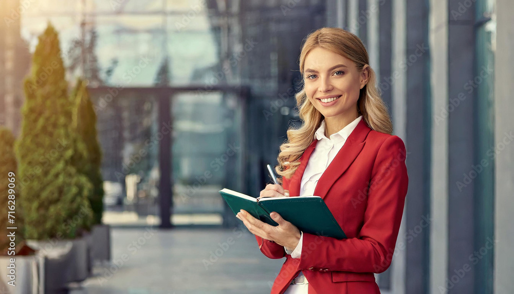 Stylish Strategy: Businesswoman in Red, Taking Notes with Copy Space Stylish Strategy: Businesswoman in Red, Taking Notes with Copy Space
