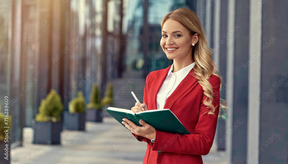 Graceful Professionalism: Businesswoman in Red Costume, Writing Notes Outdoors Graceful Professionalism: Businesswoman in Red Costume, Writing Notes Outdoors