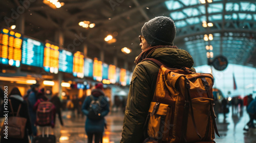 A travelers with airport terminal and departure boards.