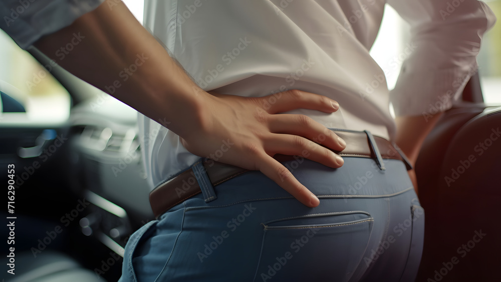 A person complains of back pain after a car accident. He puts his hand on his back in excruciating pain.