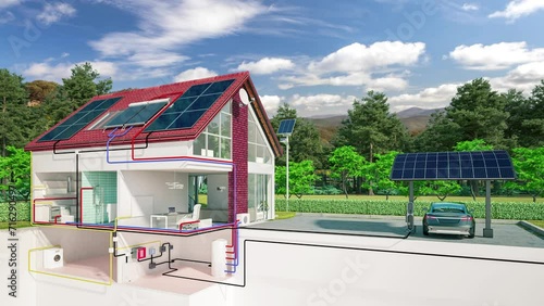 Sustainable energy supply circuit at a family house (summer landscape in background) - loop-able 3D visualization photo