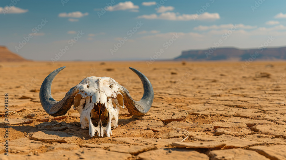 Buffalo Skull on Cracked Desert Ground.