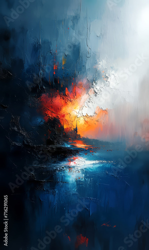 Abstract oil painting on canvas with sun rays and reflection in water. © suwandee