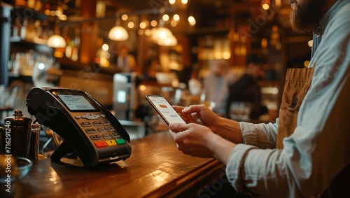 A man is sitting in a restaurant and reaches out with his smartphone to the credit card machine, technology and smart device concept, mobile banking photo