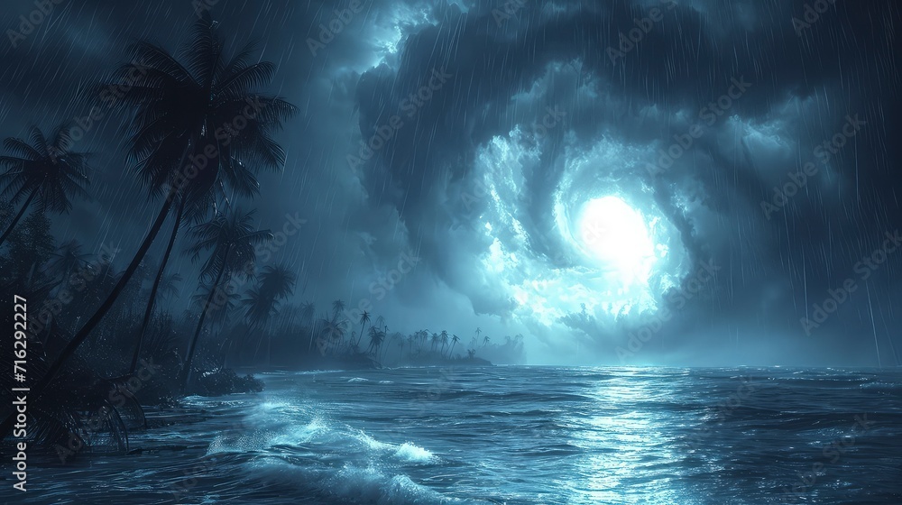 a mysterious atmosphere with a tornado storm in the ocean at night, with palm tree silhouettes creating eerie shadows.