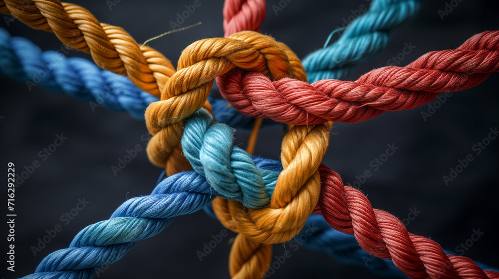 rope on a blue background, Collective Effort Integration and Unity with teamwork concept as a business metaphor for joining a partnership synergy and cohesion as diverse ropes connected, Ai generated rope on a blue background, Collective Effort Integration and Unity with teamwork concept as a business metaphor for joining a partnership synergy and cohesion as diverse ropes connected, Ai generated