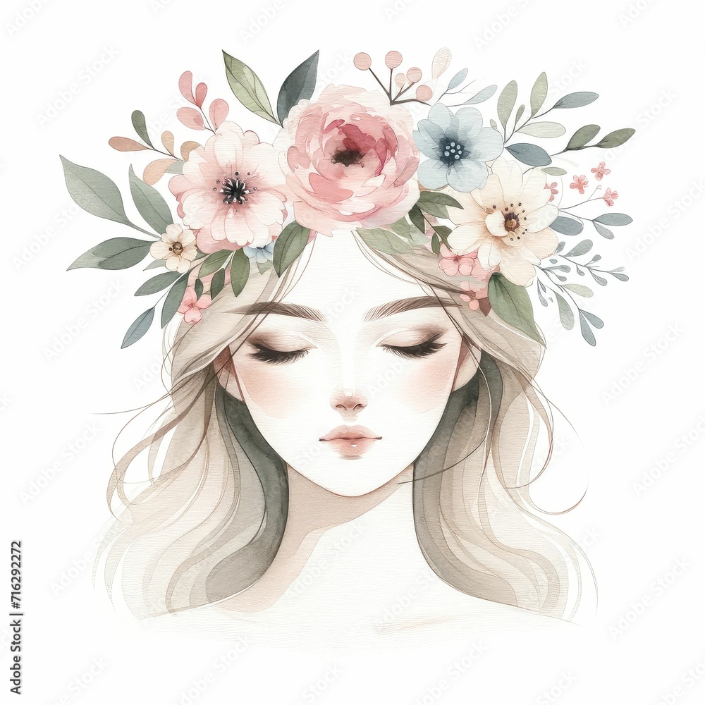 woman face surrounded by flowers, watercolor, isolated on white background for women's day 