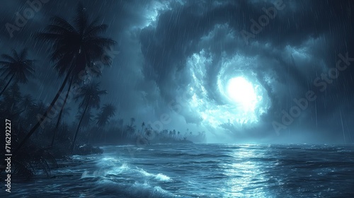 a mysterious atmosphere with a tornado storm in the ocean at night  with palm tree silhouettes creating eerie shadows.