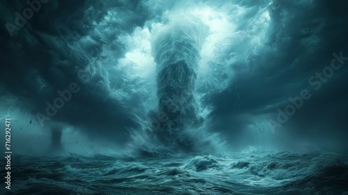 a tornado storm in the middle of the open ocean  with tornadoes appearing over the water. hypermaximalist 