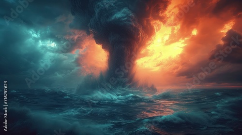 a tornado storm in the ocean and the silhouette of a volcanic island protruding in the distance. © pengedarseni