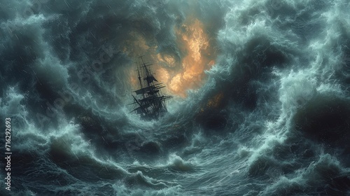 a tornado storm at sea with a ship bobbing amidst huge waves. photo