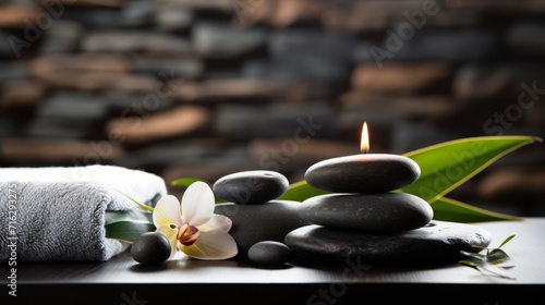 Beautiful spa composition with towel  stones and flowers