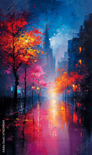 Abstract painting of a city street in autumn with colorful trees and fog.