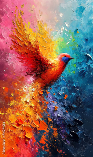 Colorful bird on abstract background, digital painting, art illustration.