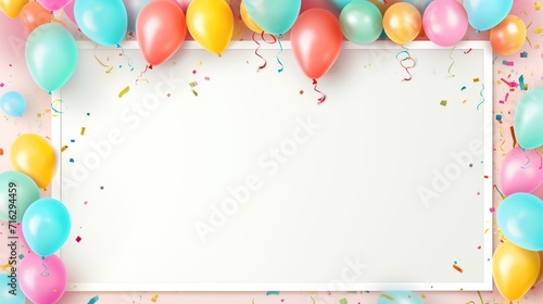 birthday balloons, confetti, placed on white backdrop with copyspace. generative AI