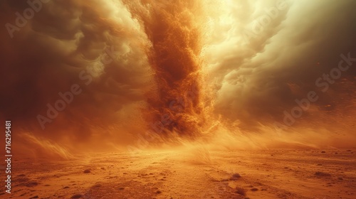 a sand tornado in the middle of a bright desert during the day, with sand passing through the air.