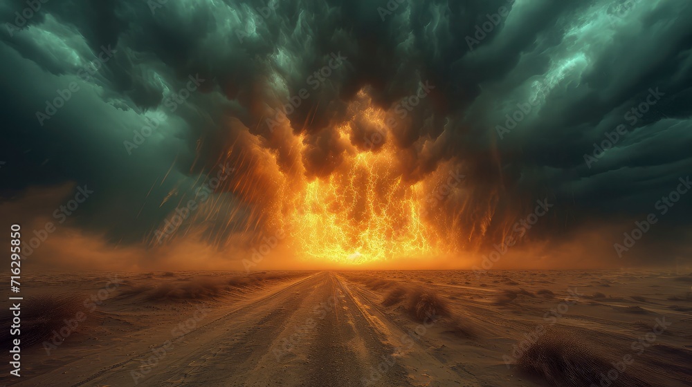 Fototapeta premium The sky was dark with thunder rumbling, as a sand tornado crossed the desert.