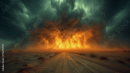 The sky was dark with thunder rumbling, as a sand tornado crossed the desert. © pengedarseni
