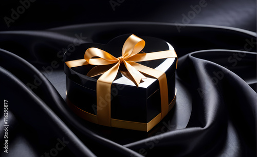 Heart-shaped gift box, nestled on a backdrop of smooth black silk, Valentine's Day, Christmas. Generative AI