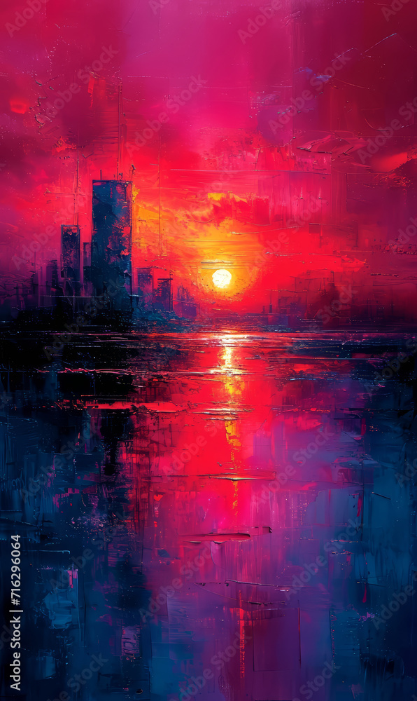 Abstract painting of cityscape with sunset in the background, digital painting.