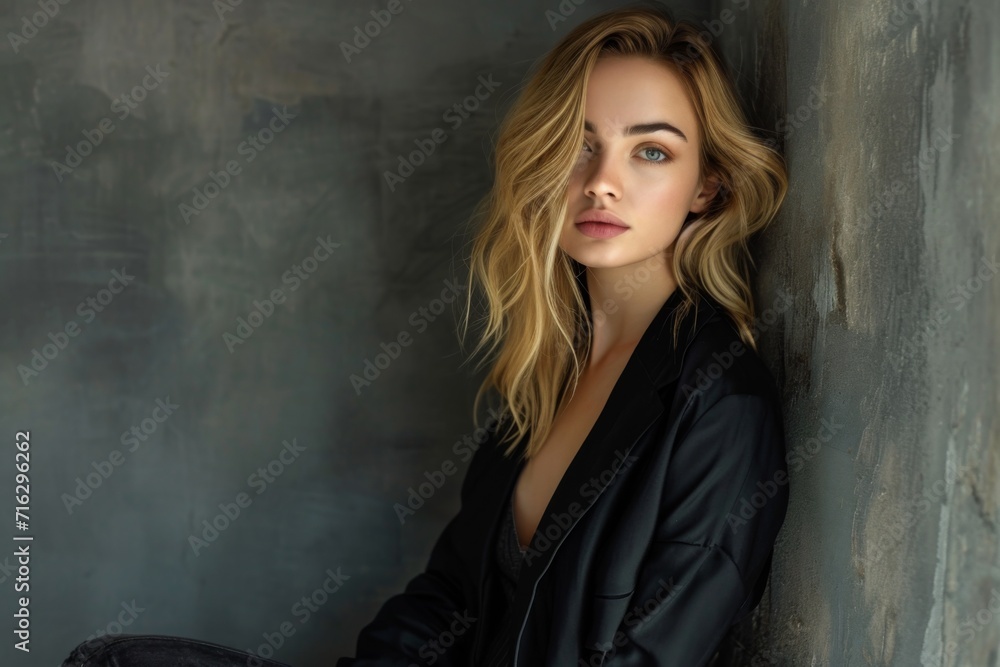 Seductive And Sophisticated: Stunning Portrait Of A Young Woman In A Black Jacket Seductive And Sophisticated: Stunning Portrait Of A Young Woman In A Black Jacket