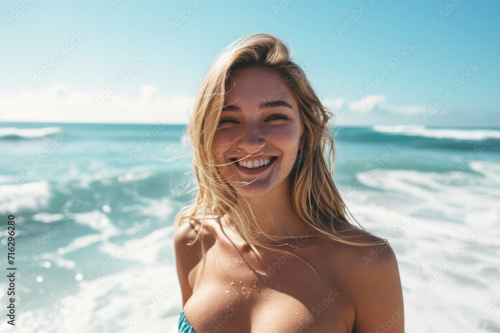 Smiling Blonde In Bikini And Beachwear Joyfully Gazes At The Camera With Ocean Backdrop Smiling Blonde In Bikini And Beachwear Joyfully Gazes At The Camera With Ocean Backdrop
