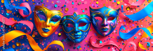 Postcard Happy Purim, Jewish holiday carnival fair background with carnival masks and traditional Jewish items, abstract background. Banner on a pink background.