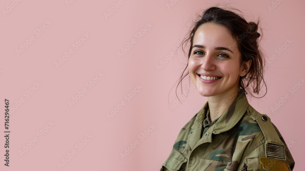 Brunette woman in Paramilitary Forces uniform isolated on pastel background Brunette woman in Paramilitary Forces uniform isolated on pastel background