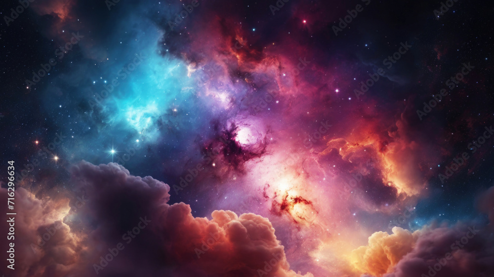 Beautiful colorful galaxy clouds nebula background wallpaper, space and cosmos or astronomy concept, supernova, night stars, Generative AI