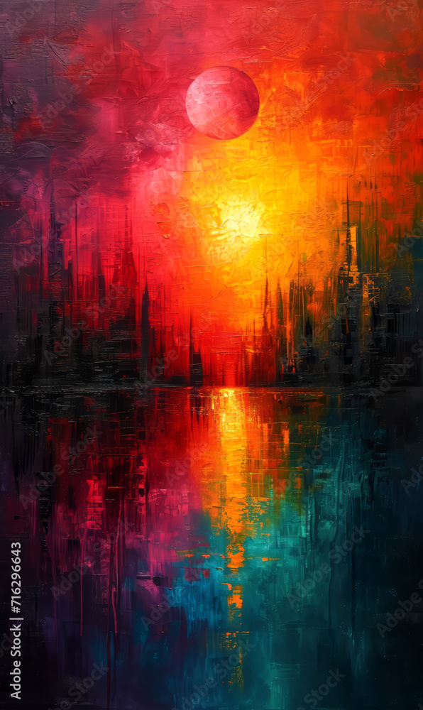 Abstract digital painting of cityscape with full moon and reflection in water.
