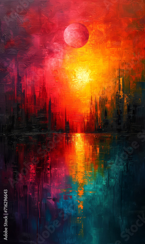 Abstract digital painting of cityscape with full moon and reflection in water.