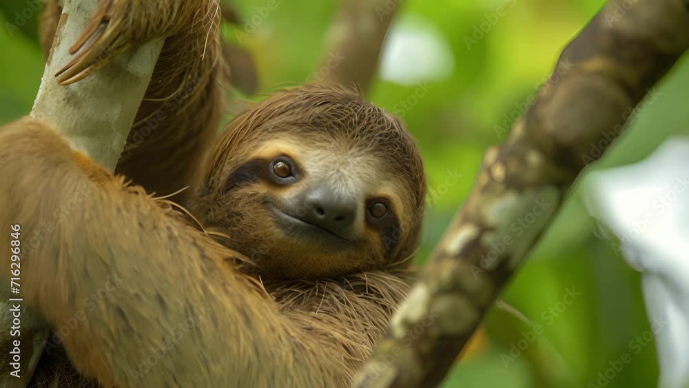 Closeup of a determined sloth using its powerful arms to pull itself up a thick branch its expression calm and focused Closeup of a determined sloth using its powerful arms to pull itself up a thick branch its expression calm and focused