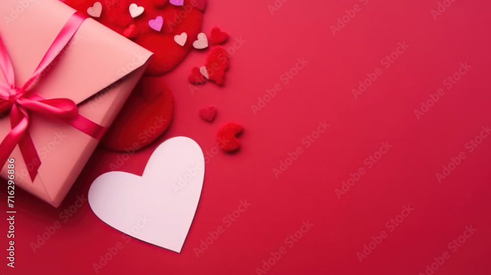 Top view of valentine day gift and envelope on red background.