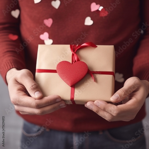 man hand holding valentine gift and envelope.