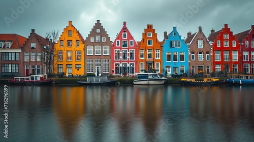 Colorful house European Cityscape with Canals, Old Buildings, and Charming Streets