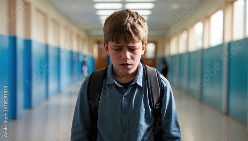 Upset student boy at school corridor, bullying concept. AI generated photo