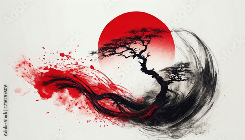 Chinese ink landscape with tree and sun. AI generated