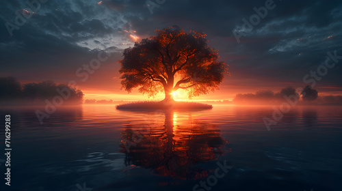 Empty Space with Floating Tree on Water