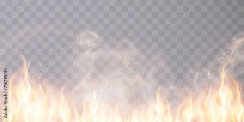 Burning flames with flying sparks and smoke texture isolated on a transparent background. Vector illustration