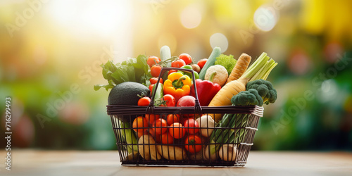 Shopping basket with fresh food on blur background grocery supermarket  .