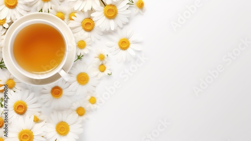 artistic arrangement presenting chamomile tea drink on white background, concept with copypace. Generative AI