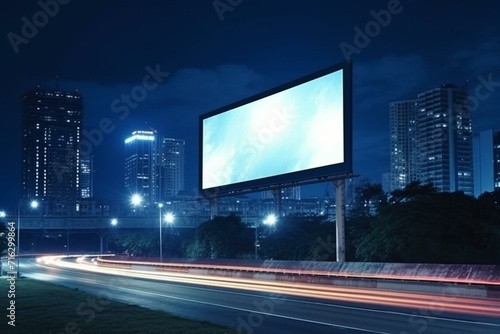 Empty billboard in a large-scale outdoor highway with bright light and empty screen at night. Generative AI