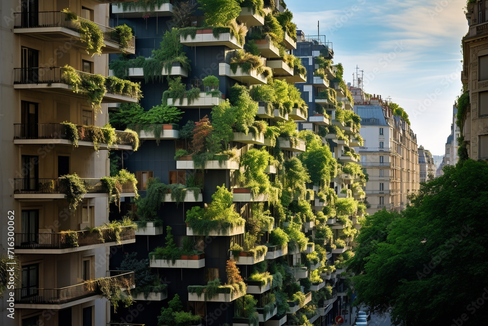 Bosco Verticale, a close up view at the modern and ecological skyscrapers with many trees on each balcony. Modern architecture, vertical gardens, terraces with  transparent background Generative Ai