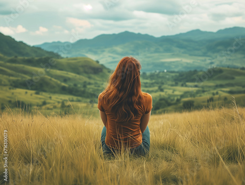Wallpaper Mural Redhead woman seen from behind, sitting in the grass, admiring the mountains in the background, on a beautiful sunny summer day. Tranquility and peace, warm colors, recharging  Torontodigital.ca